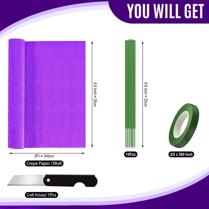 VNAKER Crepe Paper Purple (9.8Inch x 8.2Ft/3Rolls), Crepe Paper Sheet for Flower Making, Crepe Paper for Valentine's Day Birthday Wedding Party Decoration DIY Craft - Image 2